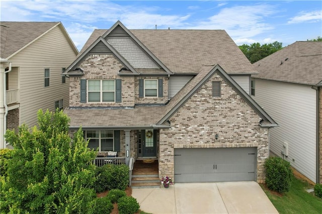 216 Orchard Trl, Canton, GA 30115 - craftsman house featuring covered porch, driveway, brick siding, a garage, and a shingled roof