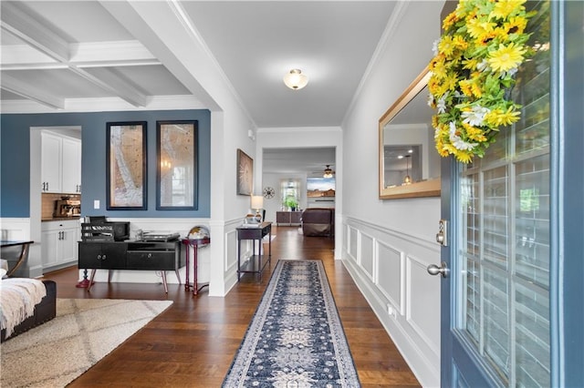 216 Orchard Trl, Canton, GA 30115 - foyer featuring ornamental molding, a wainscoted wall, dark wood-type flooring, beamed ceiling, and a decorative wall