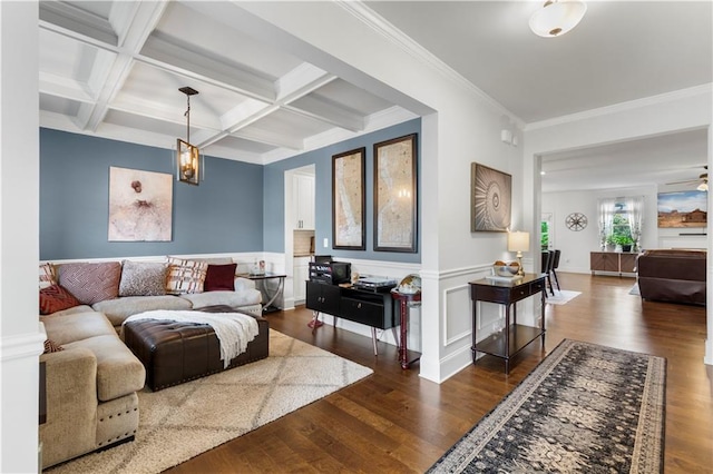 216 Orchard Trl, Canton, GA 30115 - living room featuring dark wood finished floors, beam ceiling, crown molding, wainscoting, and coffered ceiling
