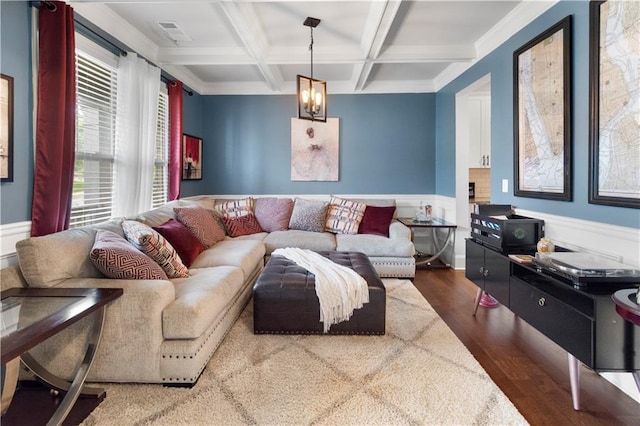 216 Orchard Trl, Canton, GA 30115 - living room featuring wood finished floors, coffered ceiling, beamed ceiling, a chandelier, and wainscoting