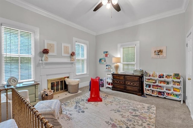 1238 Macland Rd, Dallas, GA 30132 - carpeted bedroom with ornamental molding, a fireplace with flush hearth, and ceiling fan