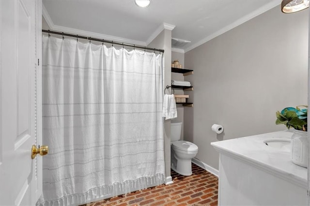 1238 Macland Rd, Dallas, GA 30132 - bathroom featuring brick flooring, ornamental molding, vanity, and a shower with curtain