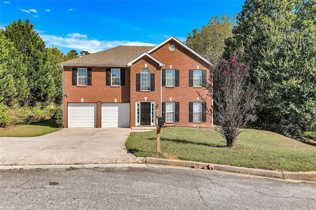 2146 Silva Ct, Conley, GA 30288 - colonial home with driveway, a front lawn, an attached garage, and brick siding