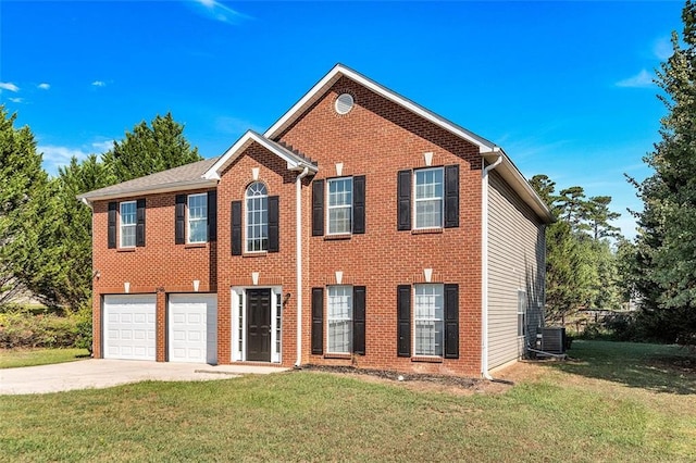 2146 Silva Ct, Conley, GA 30288 - colonial house with driveway, a front yard, an attached garage, brick siding, and central AC