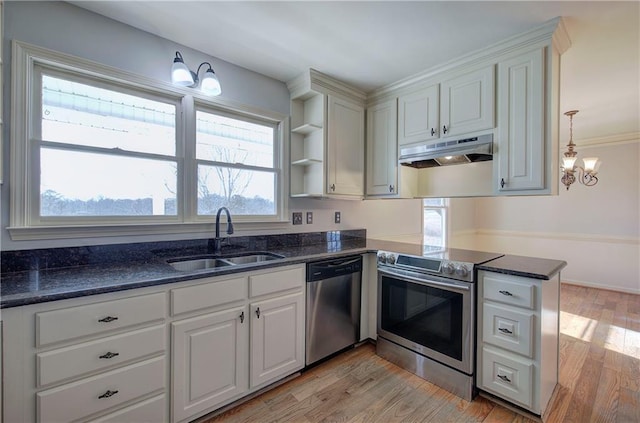 kitchen featuring white cabinetry, sink, stainless steel appliances, and light hardwood / wood-style flooring