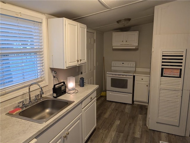 kitchen featuring white cabinets, white electric range oven, a sink, light countertops, and dark wood-type flooring
