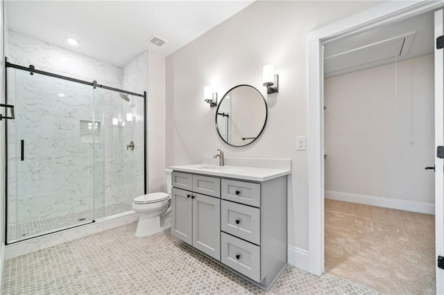 full bathroom featuring a marble finish shower, toilet, baseboards, visible vents, and vanity