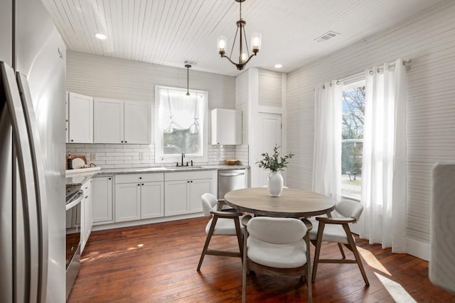 kitchen with appliances with stainless steel finishes, dark wood finished floors, tasteful backsplash, a sink, and white cabinets