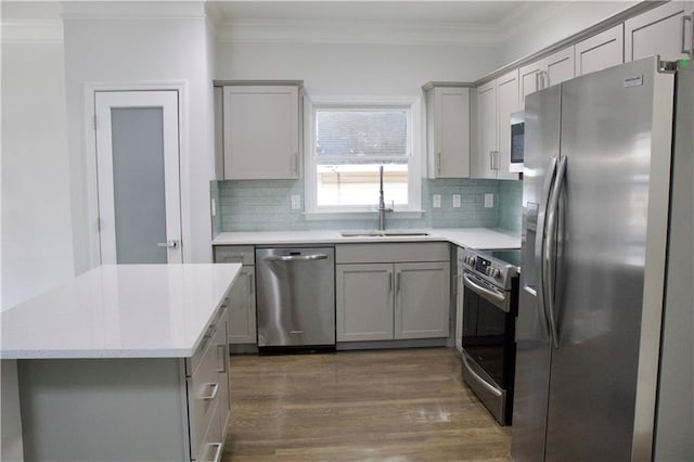 kitchen featuring backsplash, sink, stainless steel appliances, and dark hardwood / wood-style flooring