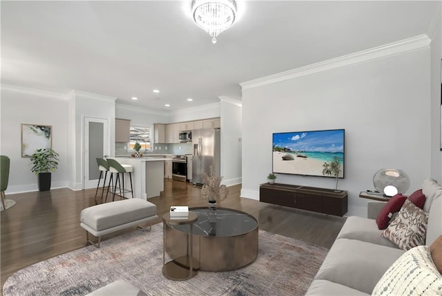 living room with ornamental molding and dark hardwood / wood-style flooring