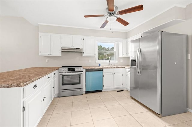 kitchen with appliances with stainless steel finishes, white cabinets, light tile patterned floors, ceiling fan, and sink