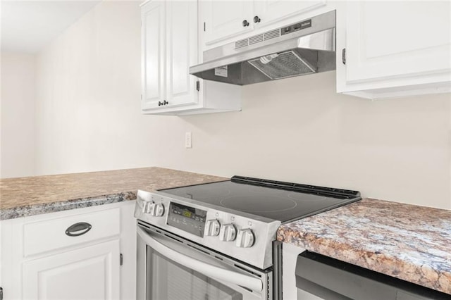 kitchen with stainless steel range with electric cooktop and white cabinets