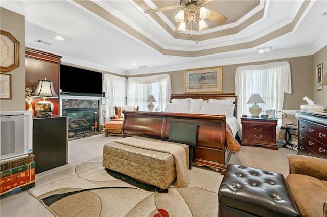 580 River Valley Dr, Dacula, GA 30019 - bedroom featuring carpet flooring, ornamental molding, multiple windows, and a tray ceiling