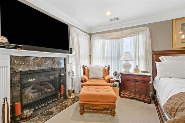 580 River Valley Dr, Dacula, GA 30019 - bedroom with crown molding, a fireplace, and carpet