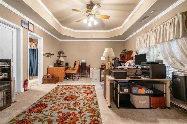 580 River Valley Dr, Dacula, GA 30019 - carpeted office with a tray ceiling, ceiling fan, and crown molding