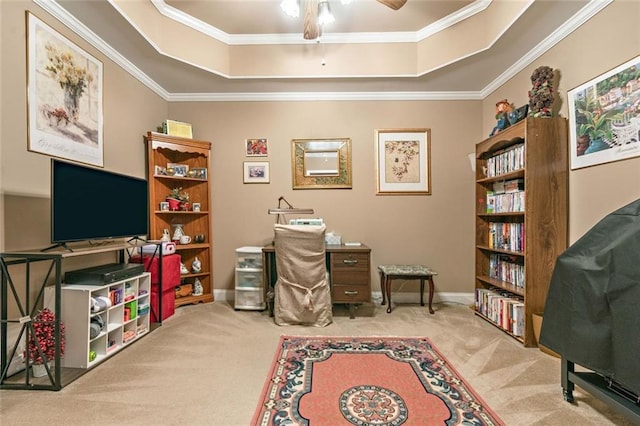 580 River Valley Dr, Dacula, GA 30019 - home office with a raised ceiling, carpet floors, ceiling fan, crown molding, and baseboards