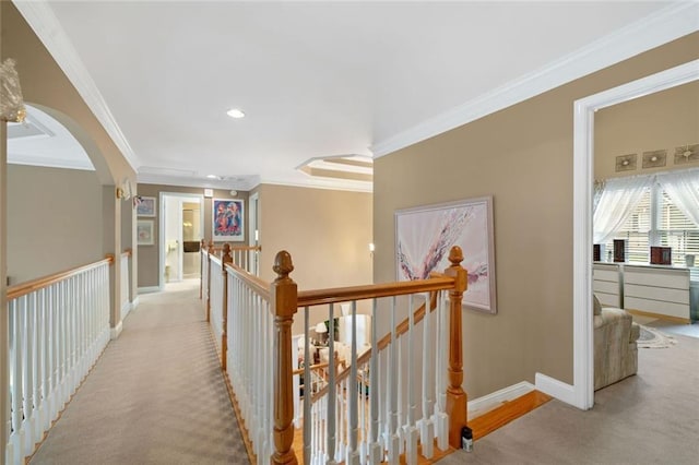 580 River Valley Dr, Dacula, GA 30019 - hall with an upstairs landing, ornamental molding, baseboards, recessed lighting, and carpet flooring