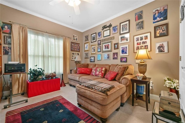 580 River Valley Dr, Dacula, GA 30019 - carpeted living area with a ceiling fan, crown molding, and baseboards