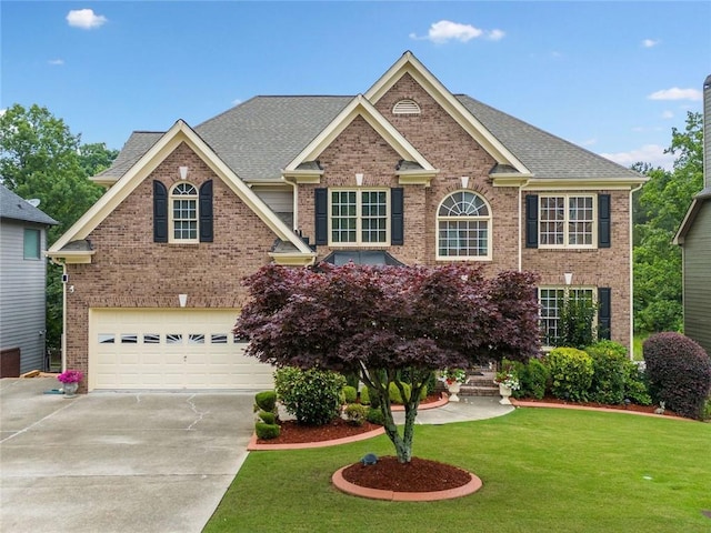 580 River Valley Dr, Dacula, GA 30019 - view of front of property with brick siding, driveway, an attached garage, a front lawn, and a shingled roof