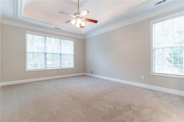 unfurnished room featuring a raised ceiling, a wealth of natural light, carpet flooring, and ceiling fan