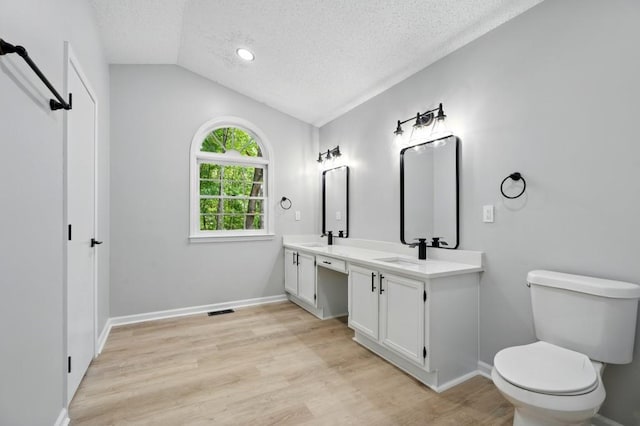 bathroom with wood finished floors, lofted ceiling, toilet, a textured ceiling, and a sink
