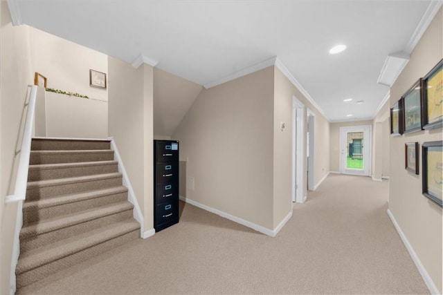 3086 Frazier Walk, Decatur, GA 30033 - hallway featuring carpet floors, ornamental molding, baseboards, stairway, and recessed lighting