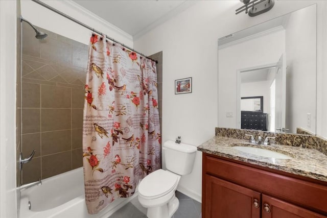 3086 Frazier Walk, Decatur, GA 30033 - bathroom with crown molding, shower / bathtub combination with curtain, vanity, toilet, and tile patterned floors