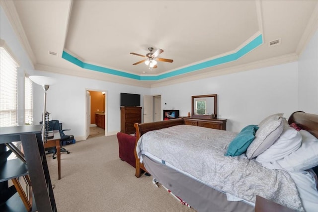 3086 Frazier Walk, Decatur, GA 30033 - carpeted bedroom featuring a raised ceiling, ornamental molding, an office area, baseboards, and ceiling fan