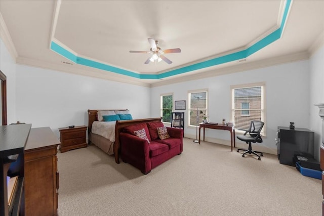 3086 Frazier Walk, Decatur, GA 30033 - bedroom with a tray ceiling, light colored carpet, ornamental molding, ceiling fan, and baseboards