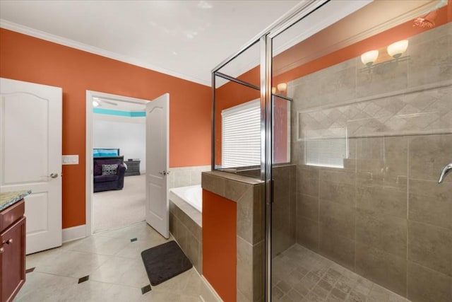 3086 Frazier Walk, Decatur, GA 30033 - full bathroom with a garden tub, vanity, a stall shower, tile patterned floors, and crown molding