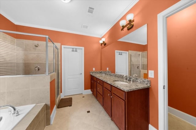 3086 Frazier Walk, Decatur, GA 30033 - full bathroom featuring a stall shower, a bath, ornamental molding, double vanity, and tile patterned flooring