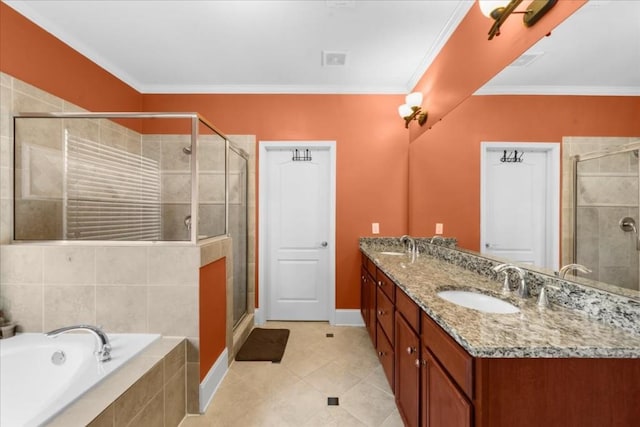 3086 Frazier Walk, Decatur, GA 30033 - bathroom with a bath, a shower stall, double vanity, tile patterned flooring, and ornamental molding