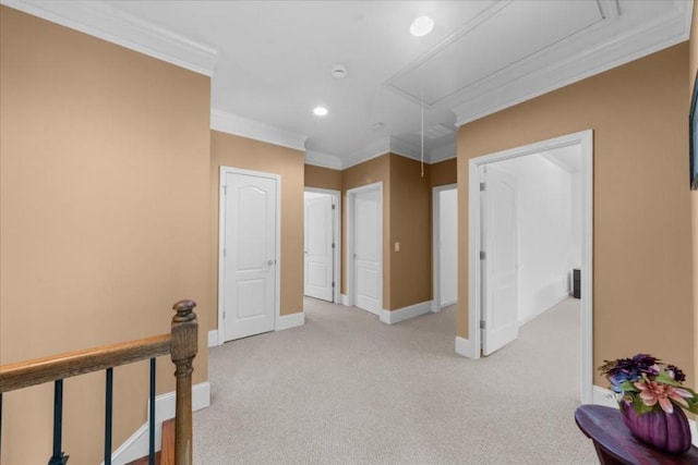 3086 Frazier Walk, Decatur, GA 30033 - hallway with attic access, crown molding, recessed lighting, light colored carpet, and an upstairs landing