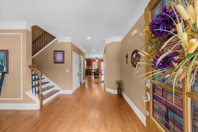 3086 Frazier Walk, Decatur, GA 30033 - foyer with stairs, light wood finished floors, baseboards, ornamental molding, and recessed lighting