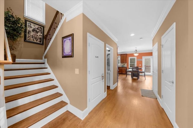 3086 Frazier Walk, Decatur, GA 30033 - hallway featuring ornamental molding, baseboards, light wood finished floors, stairs, and recessed lighting