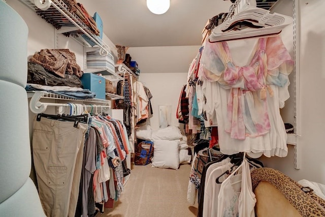 walk in closet featuring light carpet