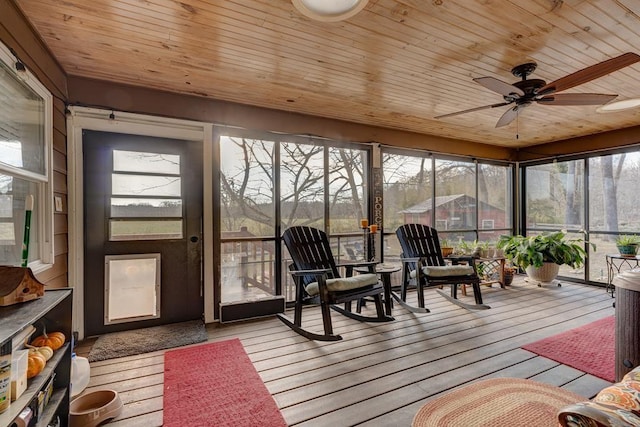 sunroom / solarium featuring ceiling fan and wooden ceiling