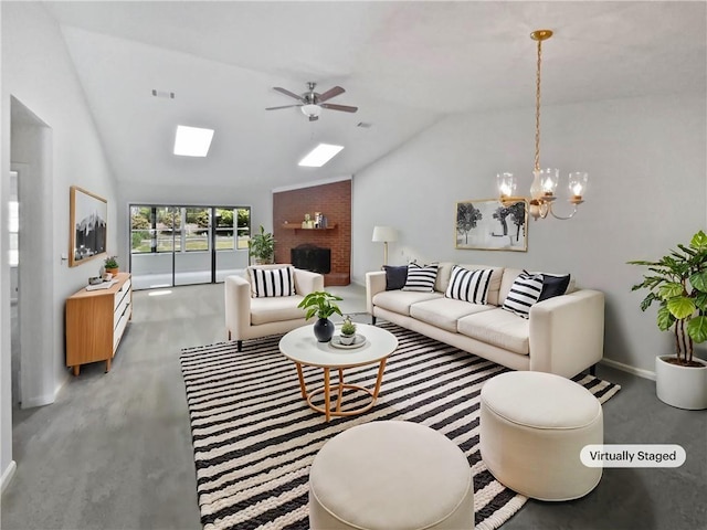 living area with ceiling fan with notable chandelier, baseboards, visible vents, and lofted ceiling with skylight