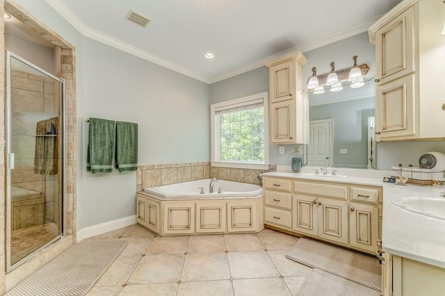 27 Bluff Mountain Dr SW, Rome, GA 30165 - bathroom with crown molding, a stall shower, vanity, a bath, and tile patterned flooring