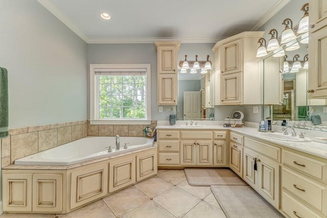 27 Bluff Mountain Dr SW, Rome, GA 30165 - bathroom featuring a garden tub, double vanity, ornamental molding, and tile patterned floors