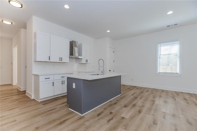 kitchen featuring tasteful backsplash, visible vents, white cabinets, a sink, and wall chimney range hood