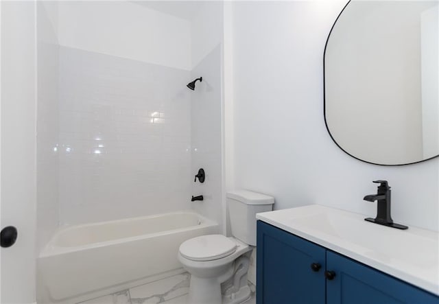 bathroom with toilet, marble finish floor, shower / bath combination, and vanity