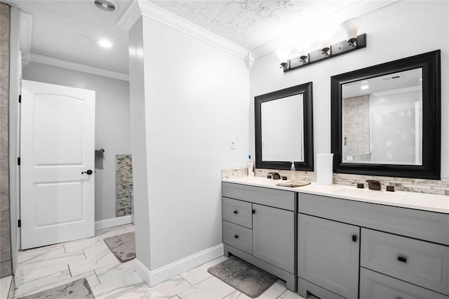 bathroom featuring vanity, crown molding, and tasteful backsplash