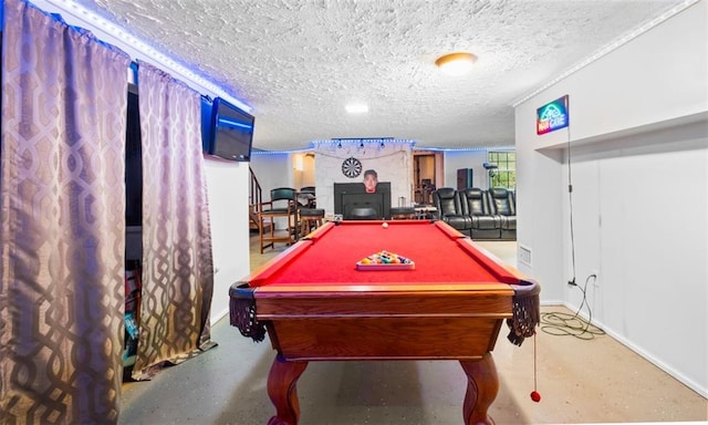 recreation room featuring a textured ceiling and pool table