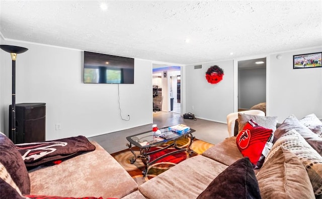 living room featuring a textured ceiling