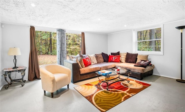 living room with concrete flooring and a textured ceiling