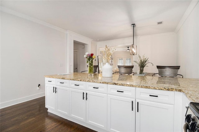 kitchen featuring dark hardwood / wood-style floors, pendant lighting, white cabinets, crown molding, and light stone countertops