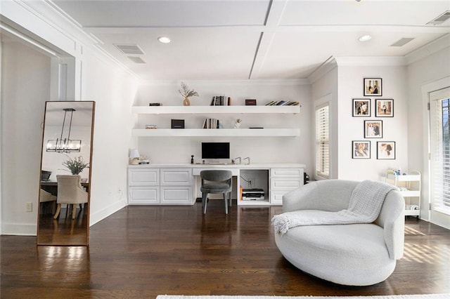 home office featuring crown molding, dark hardwood / wood-style floors, built in desk, and a notable chandelier