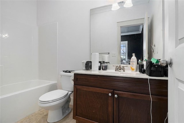 full bathroom featuring vanity, tile patterned flooring, toilet, and washtub / shower combination