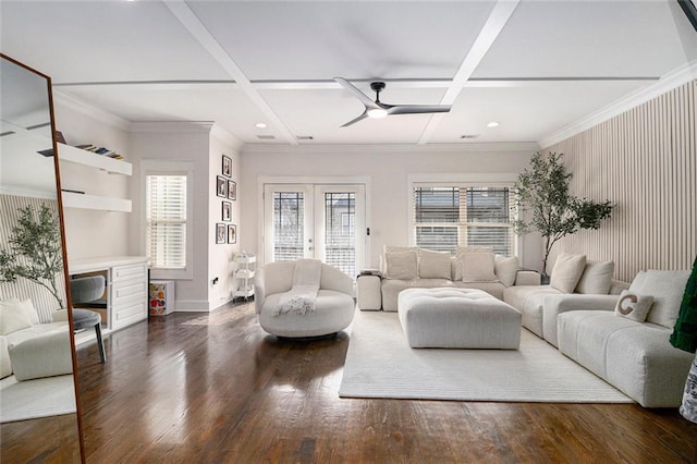 living room featuring coffered ceiling, dark wood-type flooring, ceiling fan, and french doors